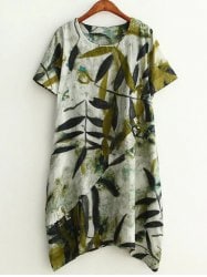 Plus Size Leaf Ink Painting Baggy Tee Shirt Dress - Green