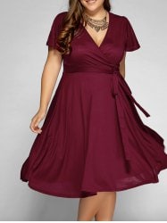 Low Cut A Line Plus Size Surplice Front Tie Swing Dress - Wine Red