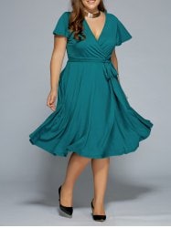 Low Cut A Line Plus Size Surplice Front Tie Swing Dress - Green