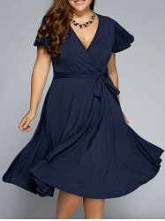 Low Cut A Line Plus Size Surplice Front Tie Swing Dress - Purplish Blue