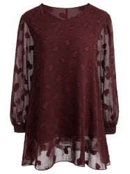 Plus Size Long Sleeve Semi Sheer Lace Blouse - Claret