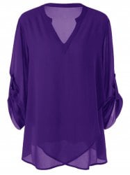 Plus Size Split-Neck Adjustable Sleeve Blouse - Purple