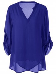 Plus Size Split-Neck Adjustable Sleeve Blouse - Blue