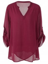 Plus Size Split-Neck Adjustable Sleeve Blouse - Wine Red