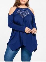 Plus Size Openwork Cold Shoulder T-shirt - Blue