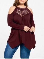 Plus Size Openwork Cold Shoulder T-shirt - Wine Red