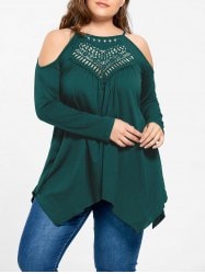 Plus Size Openwork Cold Shoulder T-shirt - Malachite Green