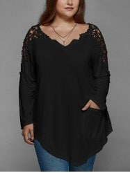 Plus Size Lace Insert Long Sleeve Tunic T-Shirt - Black