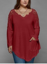 Plus Size Lace Insert Long Sleeve Tunic T-Shirt - Red