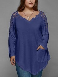 Plus Size Lace Insert Long Sleeve Tunic T-Shirt - Blue-Violet