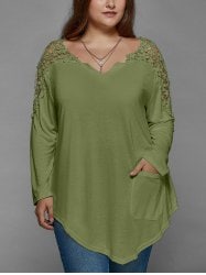 Plus Size Lace Insert Long Sleeve Tunic T-Shirt - Olive-Green