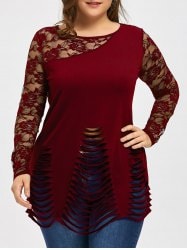 Plus Size Lace Insert Ripped Top - Wine Red