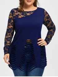 Plus Size Lace Insert Ripped Top - Deep Blue