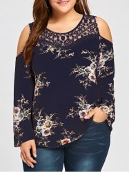 Plus Size Lace Panel Cold Shoulder Floral Blouse - Cadet Blue