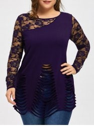 Plus Size Lace Insert Ripped Top - Deep Purple