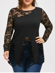 Plus Size Lace Insert Ripped Top - Black