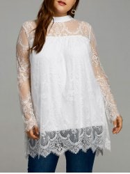 Plus Size Sheer Lace Scalloped Edge Blouse - White