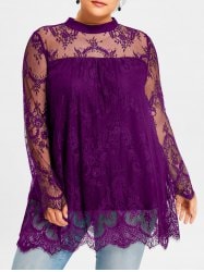 Plus Size Sheer Lace Scalloped Edge Blouse - Purple