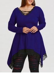 Plus Size Tunic Sharkbite T-shirt with Lace Trim - Blue