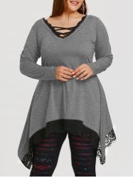 Plus Size Tunic Sharkbite T-shirt with Lace Trim - Gray