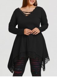 Plus Size Tunic Sharkbite T-shirt with Lace Trim - Wine Red