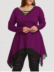 Plus Size Tunic Sharkbite T-shirt with Lace Trim - Purple