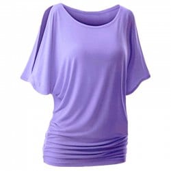 Round Collar Pure Color Bat Sleeve Blouse - Purple