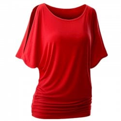 Round Collar Pure Color Bat Sleeve Blouse - Red