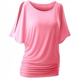 Round Collar Pure Color Bat Sleeve Blouse - Pink