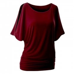 Round Collar Pure Color Bat Sleeve Blouse - Wine Red