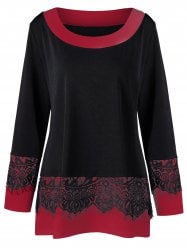 Plus Size Two Tone Eyelash Lace Trim Top - Black-Red