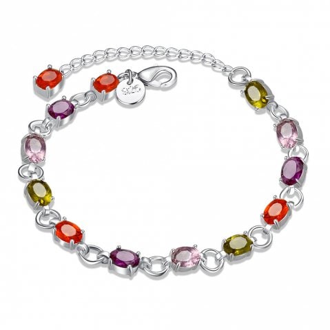 Simple Oval Color Stone Lobster Clasp Plated Silver Bracelet - Colour ...