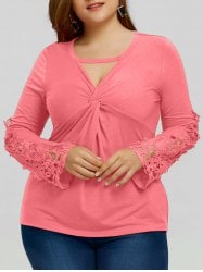 Plus Size Bust Twist Crochet Keyhole Blouse - Pink