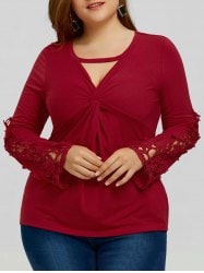 Plus Size Bust Twist Crochet Keyhole Blouse - Wine Red