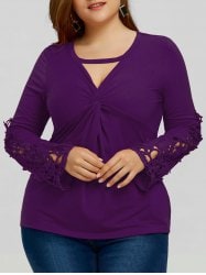 Plus Size Bust Twist Crochet Keyhole Blouse - Purple