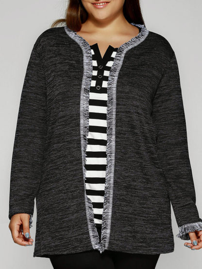 Fringed Trim Heathered Knitted Cardigan