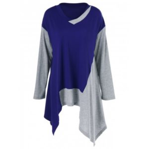 Plus Size Color Block Asymmetrical T-Shirt - Blue-Gray