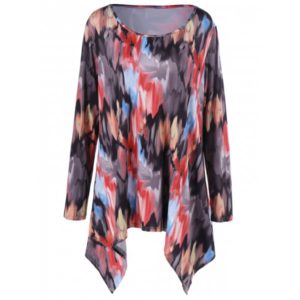 Plus Size Tie-Dye Asymmetrical Tee - Red