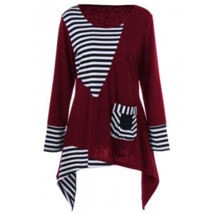 Plus Size Asymmetric Striped Tunic T-Shirt - Black and White