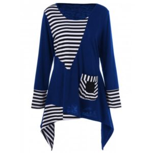 Plus Size Asymmetric Striped Tunic T-Shirt - Blue