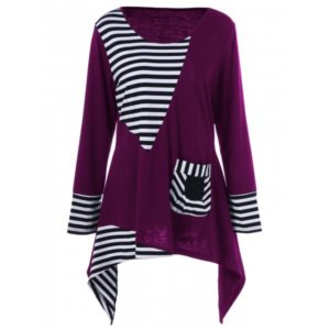 Plus Size Asymmetric Striped Tunic T-Shirt - Purple