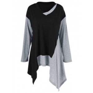 Plus Size Color Block Asymmetrical T-Shirt - Black