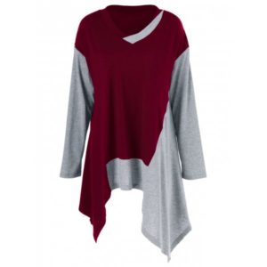 Plus Size Color Block Asymmetrical T-Shirt - Burgundy