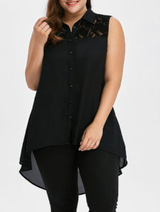 Plus Size Lace Insert High Low Top - Black