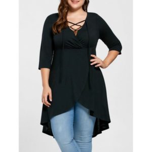 Plus Size Lace Up High Low Hem Top - Black