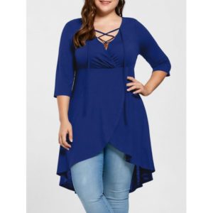 Plus Size Lace Up High Low Hem Top - Blue