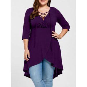 Plus Size Lace Up High Low Hem Top - Purple