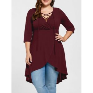 Plus Size Lace Up High Low Hem Top - Wine Red