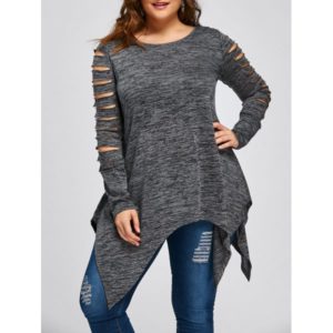 Plus Size Marled Ripped Sleeve Handkerchief Top - Gray