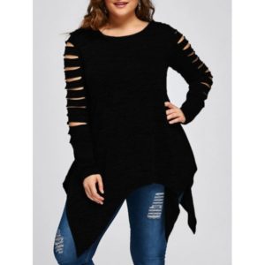 Plus Size Marled Ripped Sleeve Handkerchief Top - Black